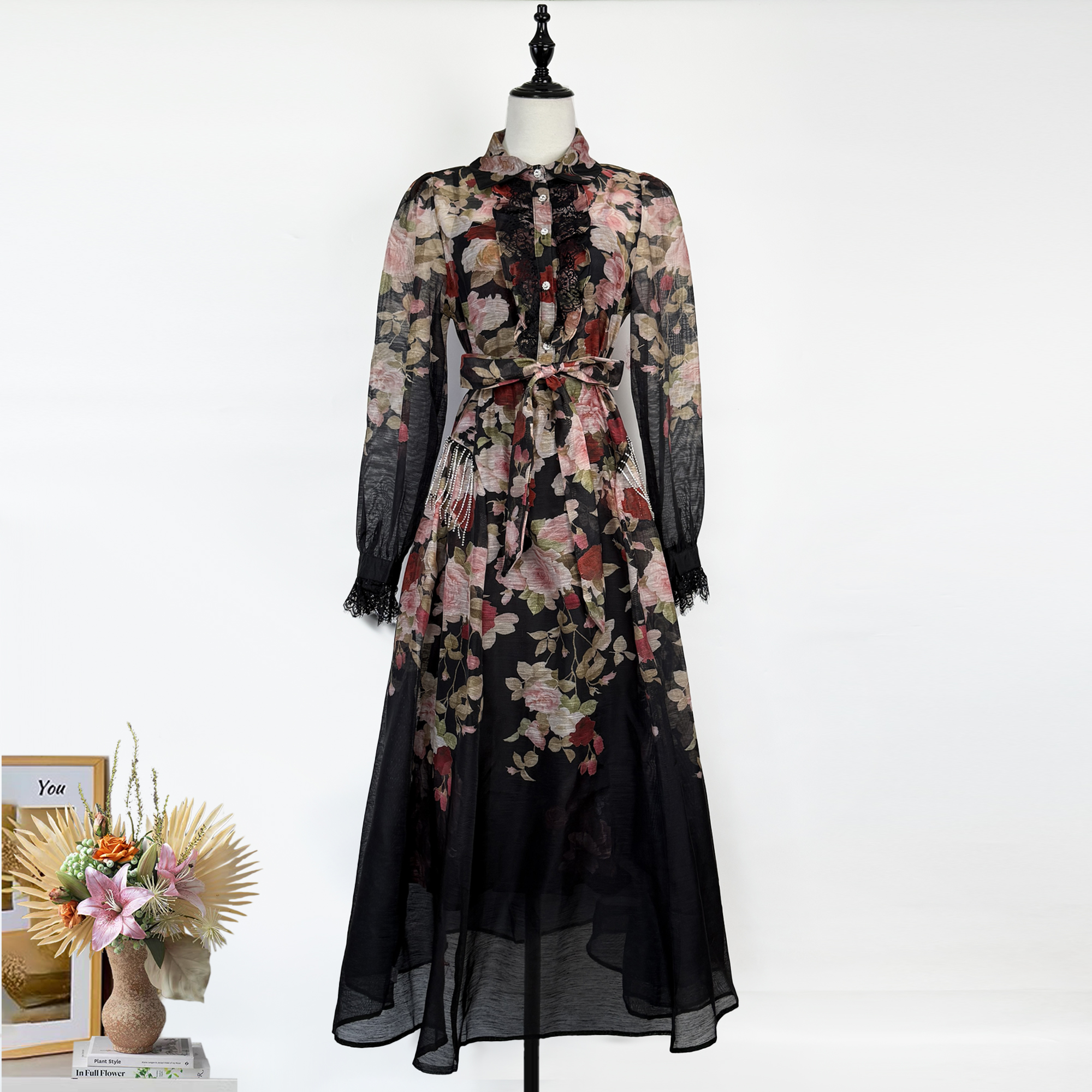 Real shooting temperament women's spring and autumn new style light luxury rhinestone tassel design sense fashionable waist cinching lace up dress long skirt Real shooting temperament women's spring and autumn new style light luxury rhinestone tassel design sense fashionable waist cinching lace up dress long skirt