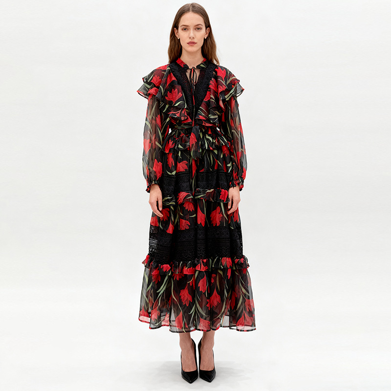 European and American cross-border dress 2025 autumn new sexy V-neck ruffled long sleeved printed mid length skirt