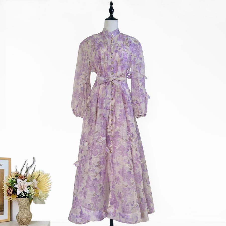 Real shot of European and American retro printed single breasted three-dimensional flower long dress, elegant party dress, long skirt Real shot of European and American retro printed single breasted three-dimensional flower long dress, elegant party dress, long skirt