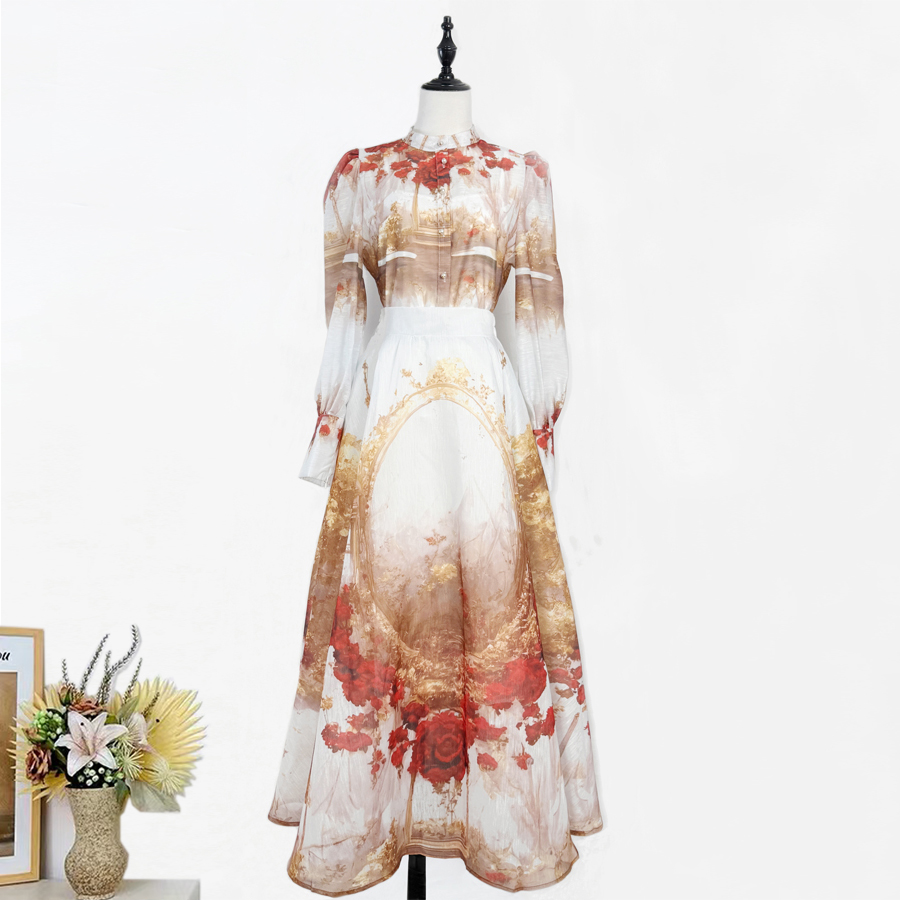 Real shot of Australia's new retro oil painting printed bubble sleeve shirt+semi elastic waist oversized skirt set skirt length