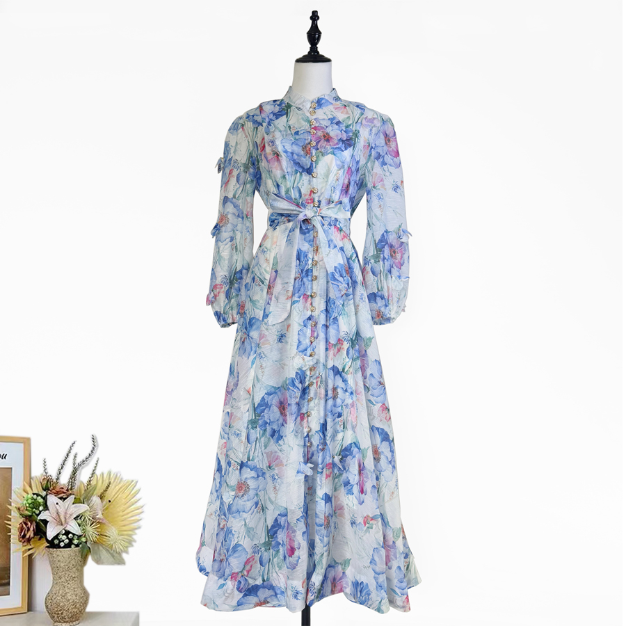 Real shot of European and American retro printed single breasted three-dimensional flower long dress, elegant party dress, long skirt Real shot of European and American retro printed single breasted three-dimensional flower long dress, elegant party dress, long skirt