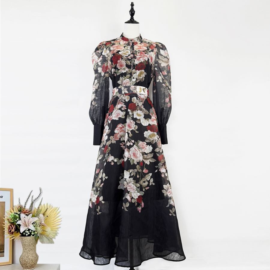 Real shot Australian new retro printed rose stand up collar shirt+semi elastic waist oversized skirt set skirt length