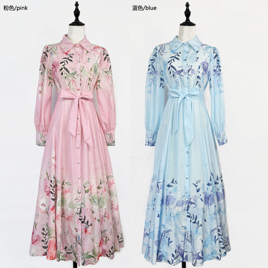 Real time shooting of elegant women's clothing for early autumn, 2025 American style loose retro printed lapel tie waist length dress Real time shooting of elegant women's clothing for early autumn, 2025 American style loose retro printed lapel tie waist length dress