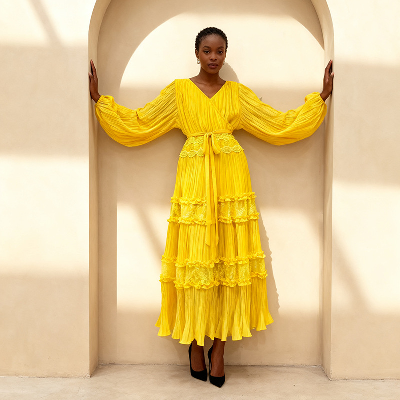 Vacation style solid color lace up waist long skirt 2025 new V-neck bubble sleeve patchwork lace pleated dress