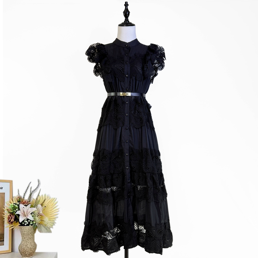 Real shot of European and American fashion heavy industry embroidery lace lace stitching flying sleeves mid length dress+belt Real shot of European and American fashion heavy industry embroidery lace lace stitching flying sleeves mid length dress+belt