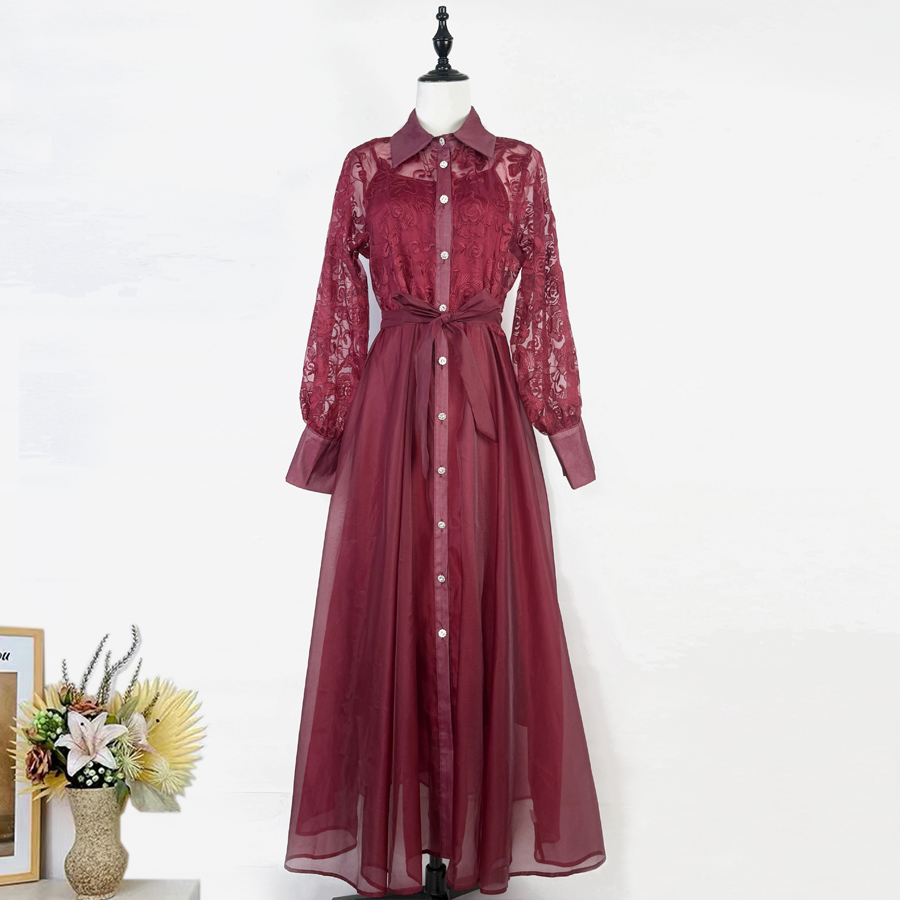 Real time shooting of high-end palace style solid color embroidery spring and autumn lanterns heavy industry cage sleeves large swing dress long skirt