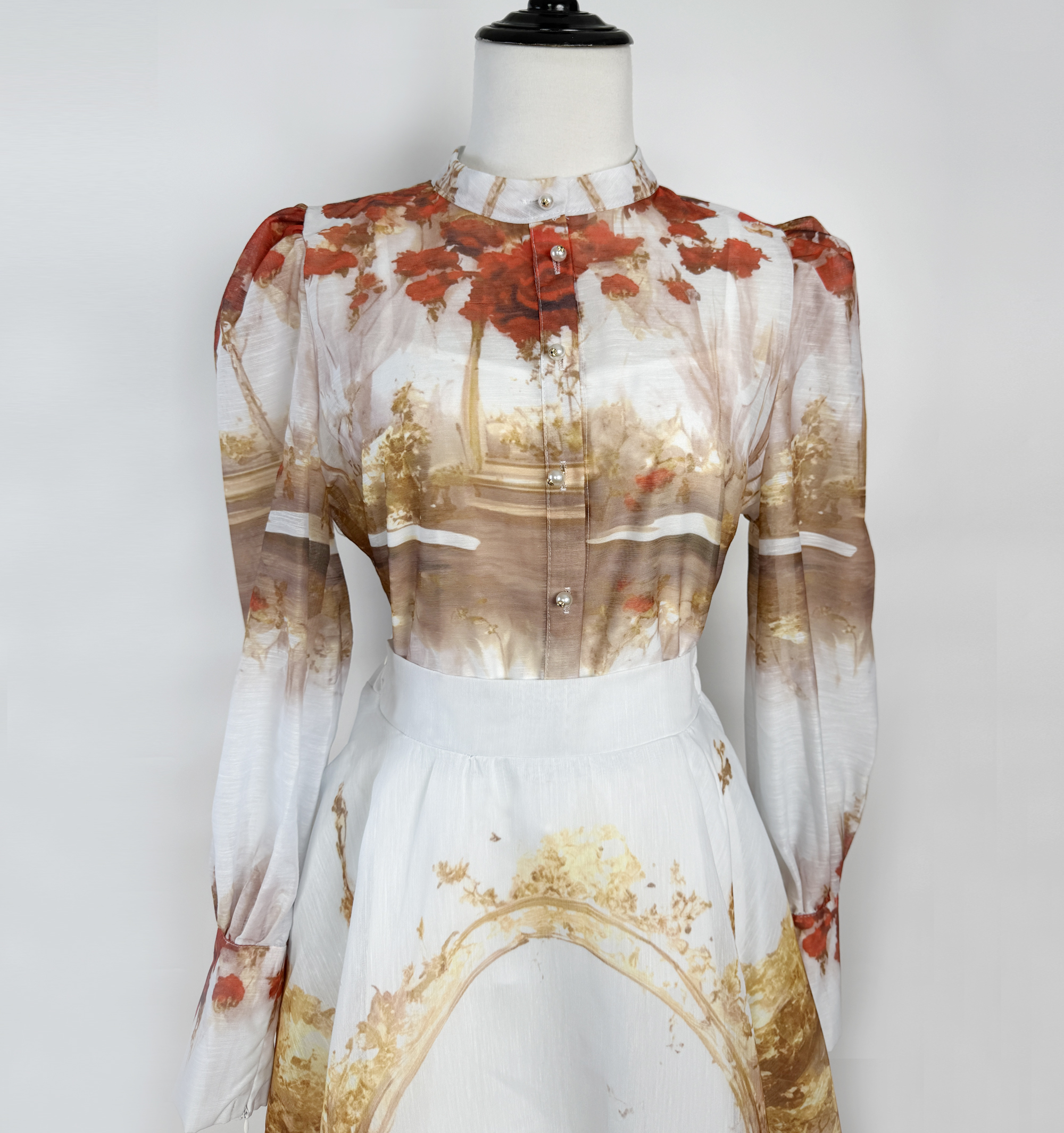 Real shot of Australia's new retro oil painting printed bubble sleeve shirt+semi elastic waist oversized skirt set skirt length Real shot of Australia's new retro oil painting printed bubble sleeve shirt+semi elastic waist oversized skirt set skirt length