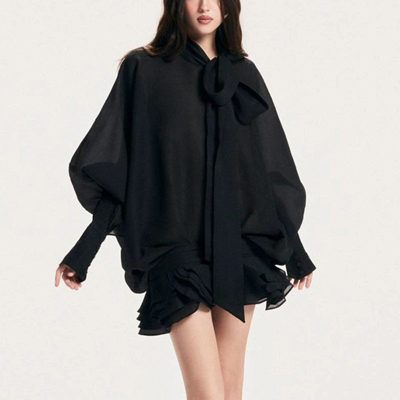 Light and mature style mesh lace up short skirt 2025 new irregular ruffle hem short dress for women