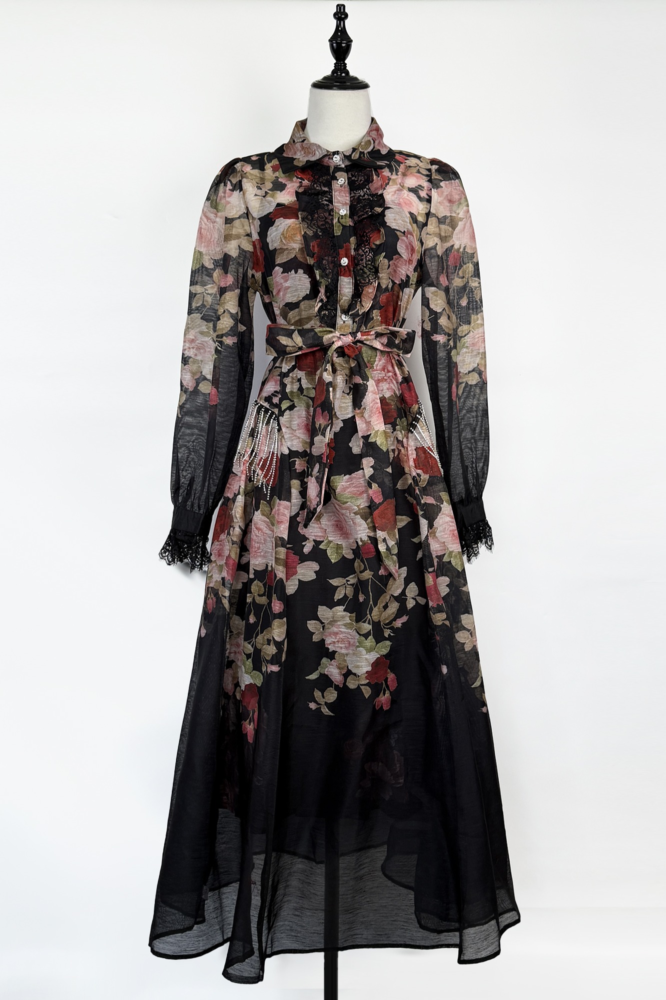 Real shooting temperament women's spring and autumn new style light luxury rhinestone tassel design sense fashionable waist cinching lace up dress long skirt Real shooting temperament women's spring and autumn new style light luxury rhinestone tassel design sense fashionable waist cinching lace up dress long skirt