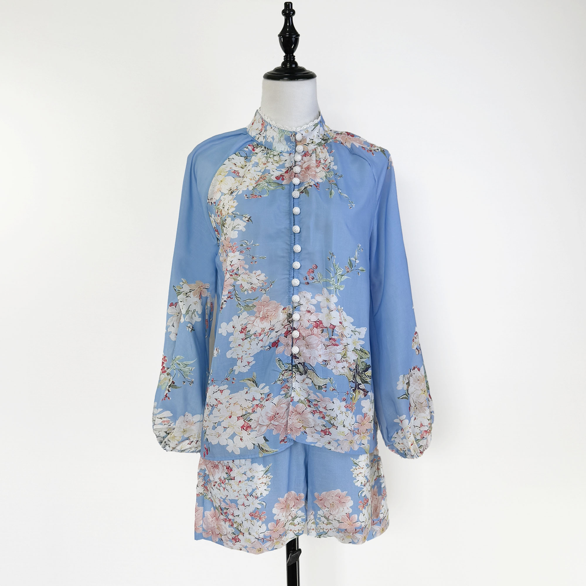 Realistic design blue positioning printed stand up collar patchwork lace shirt+wide leg shorts two-piece set+waist belt Realistic design blue positioning printed stand up collar patchwork lace shirt+wide leg shorts two-piece set+waist belt