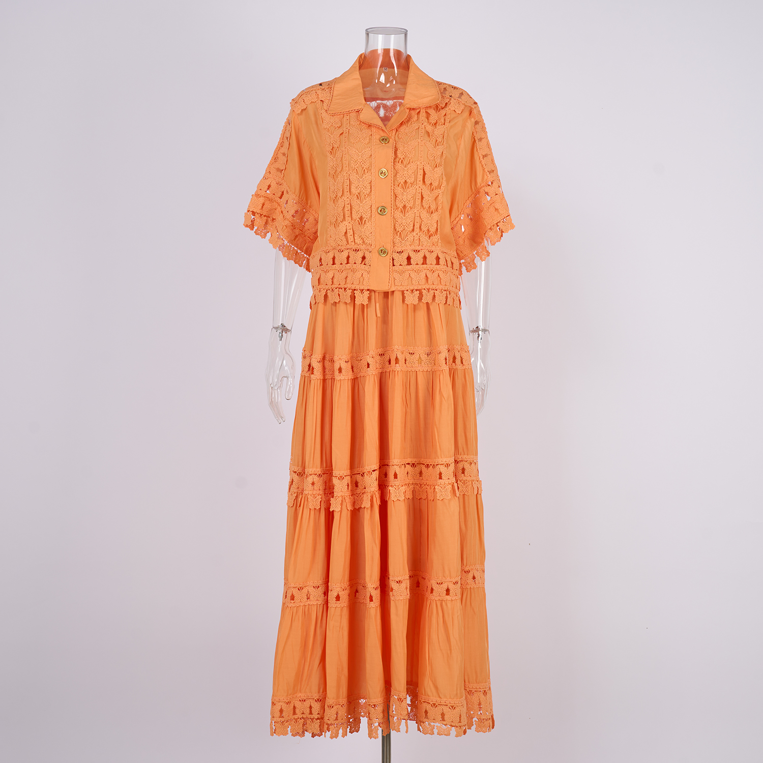 Real shot French retro summer new style lapel embroidered lace long shirt+skirt set for women Real shot French retro summer new style lapel embroidered lace long shirt+skirt set for women