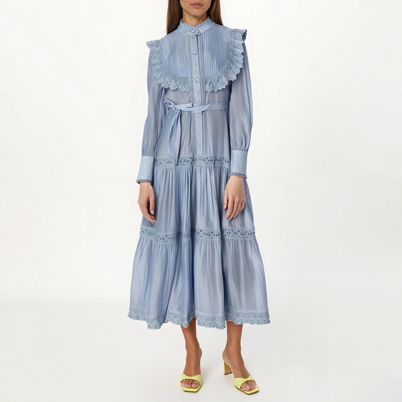 French retro style solid color dress for women 2025 new style embroidered lace waist cinching design ruffle edge dress trendy