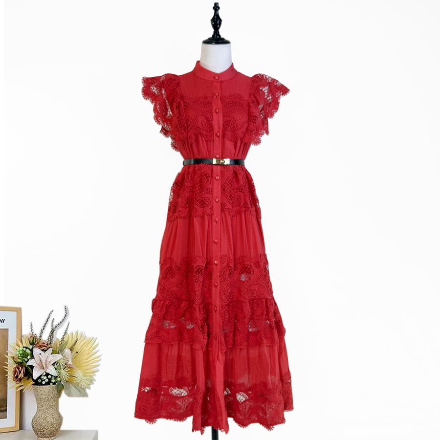 Real shot of European and American fashion heavy industry embroidery lace lace stitching flying sleeves mid length dress+belt Real shot of European and American fashion heavy industry embroidery lace lace stitching flying sleeves mid length dress+belt
