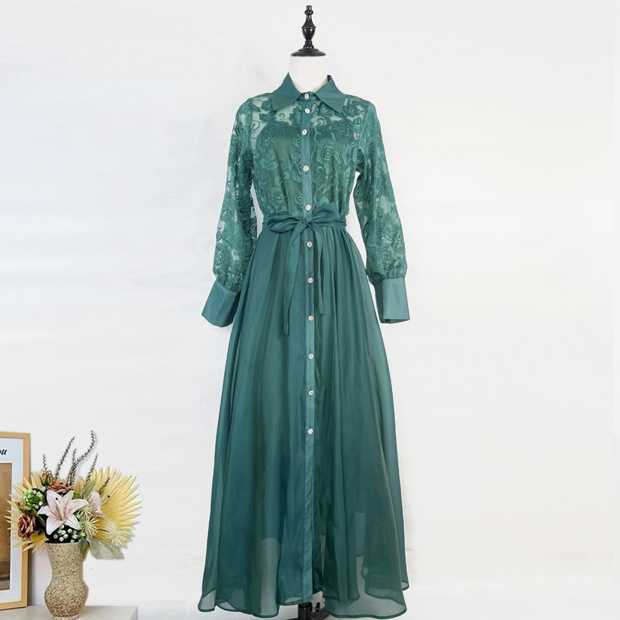 Realistic French high-end women's dress autumn heavy embroidery lapel lantern sleeve single breasted dress