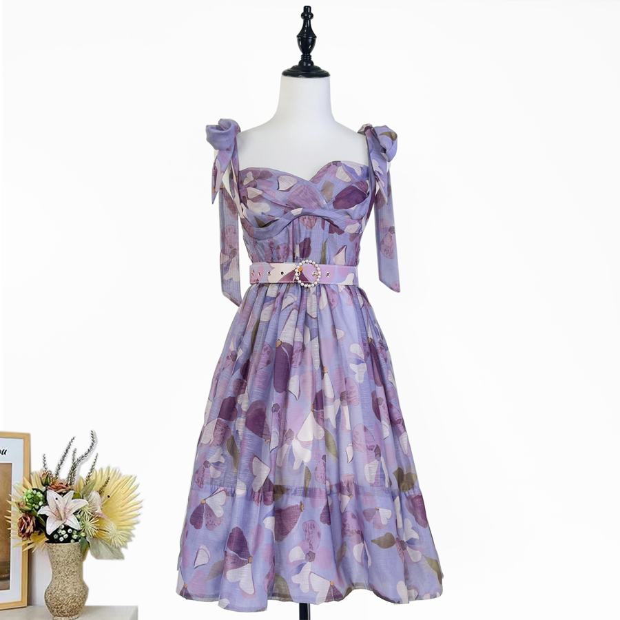 Realistic vintage print with elegant elastic bow at the back, silk and linen fluffy dress, short skirt+belt