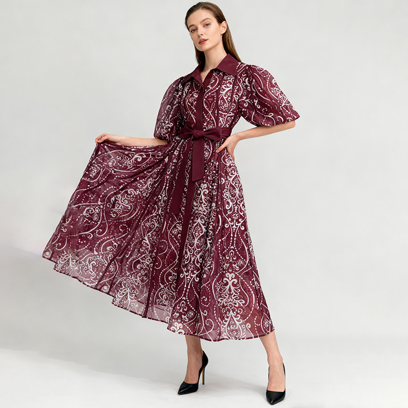 Retro court style mid length dress with 2025 lapel, three-dimensional bubble sleeves, lace up waist design, black and white patterned dress