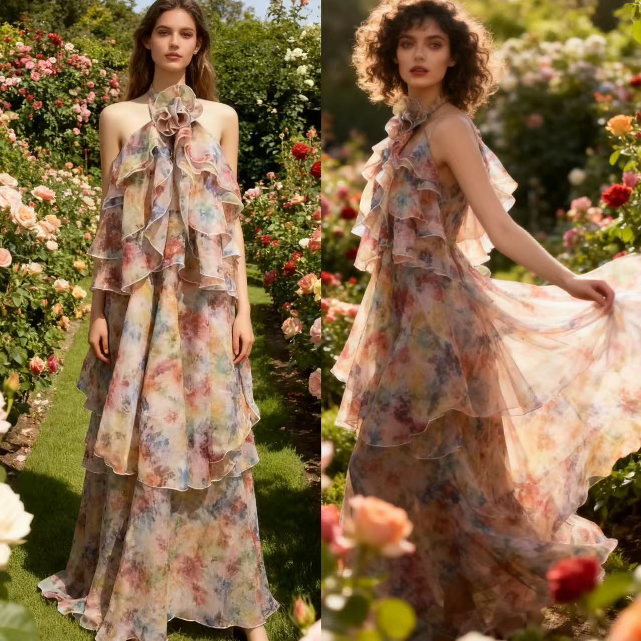 New printed neck hanging dress for women's summer beach vacation cake long dress