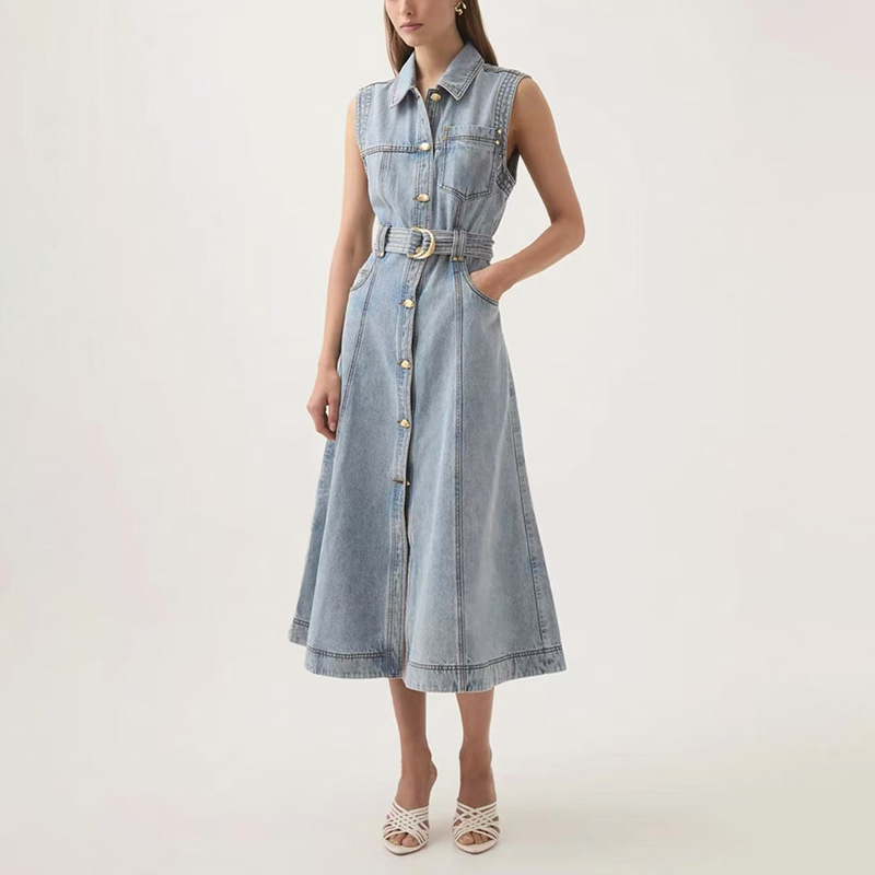Korean style fashion lapel denim long dress 2025 summer new item with tie up and waist cinching for slimming, sleeveless long dress for women