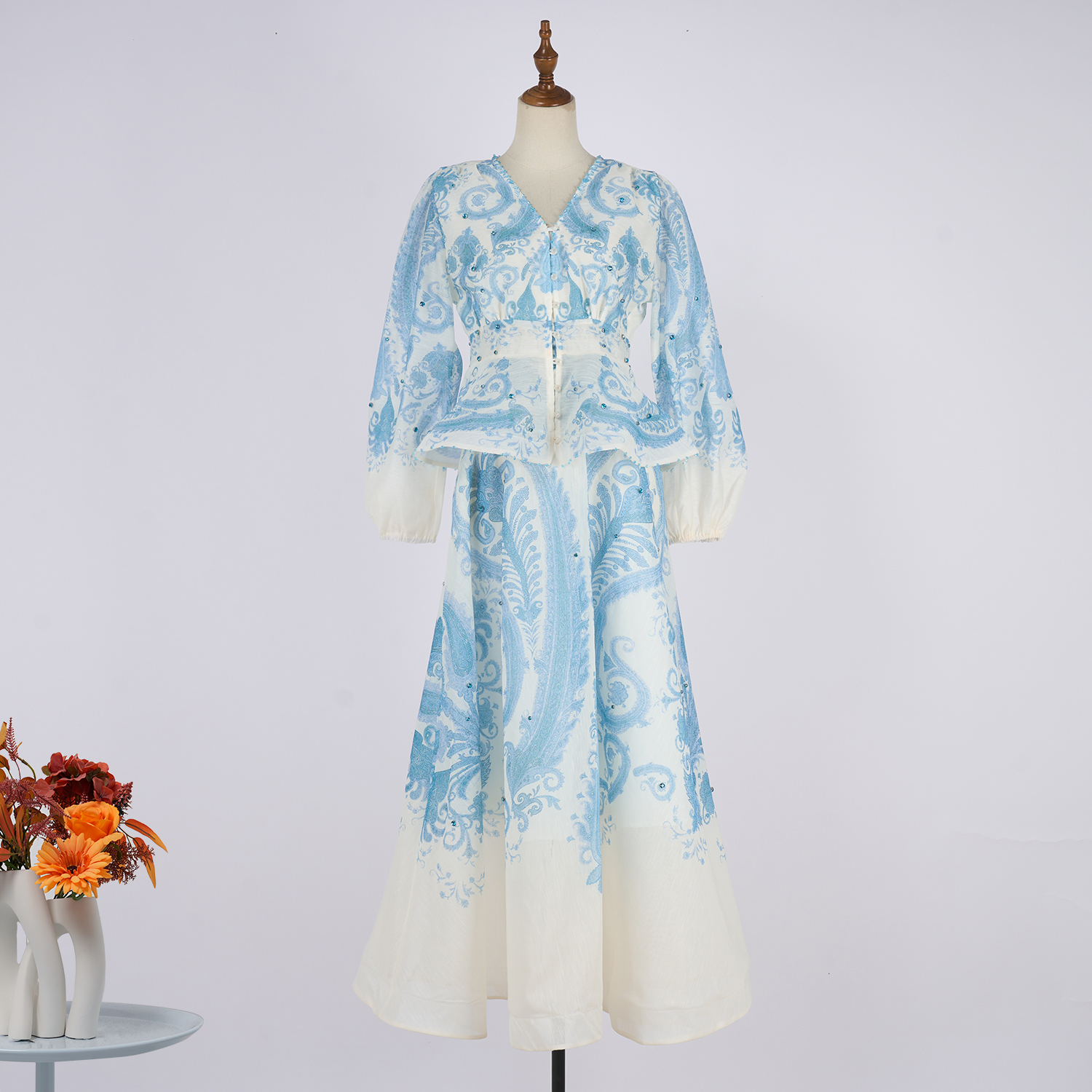 Real shooting of 2025 vacation style new Tencel hemp stand collar patterned button design long suit dress