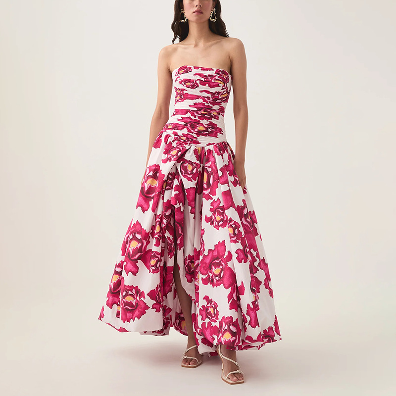 European and American style printed strapless dress 2025 summer new collection, waist cinching and slimming, fashionable and sexy slit sleeveless long dress