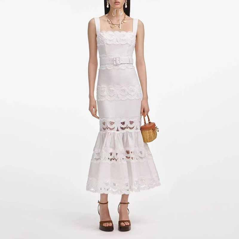 Cross border foreign trade holiday style long dress 2025 summer new fashion hollow embroidery suspender fish tail design dress for women