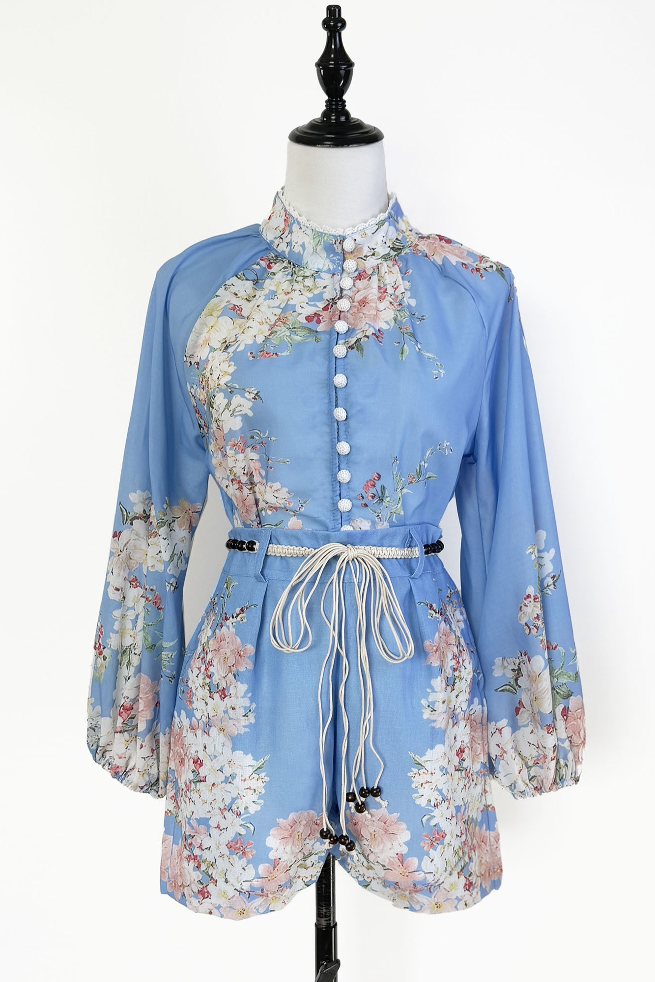 Realistic design blue positioning printed stand up collar patchwork lace shirt+wide leg shorts two-piece set+waist belt Realistic design blue positioning printed stand up collar patchwork lace shirt+wide leg shorts two-piece set+waist belt