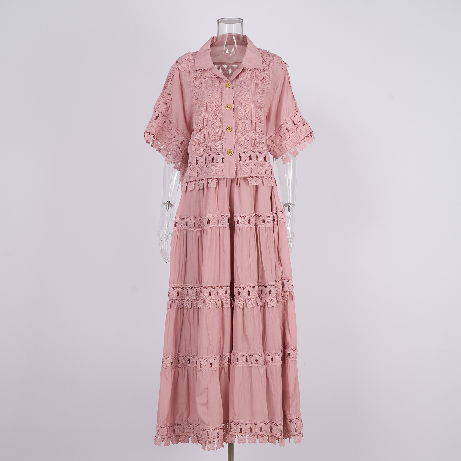 Real shot French retro summer new style lapel embroidered lace long shirt+skirt set for women Real shot French retro summer new style lapel embroidered lace long shirt+skirt set for women