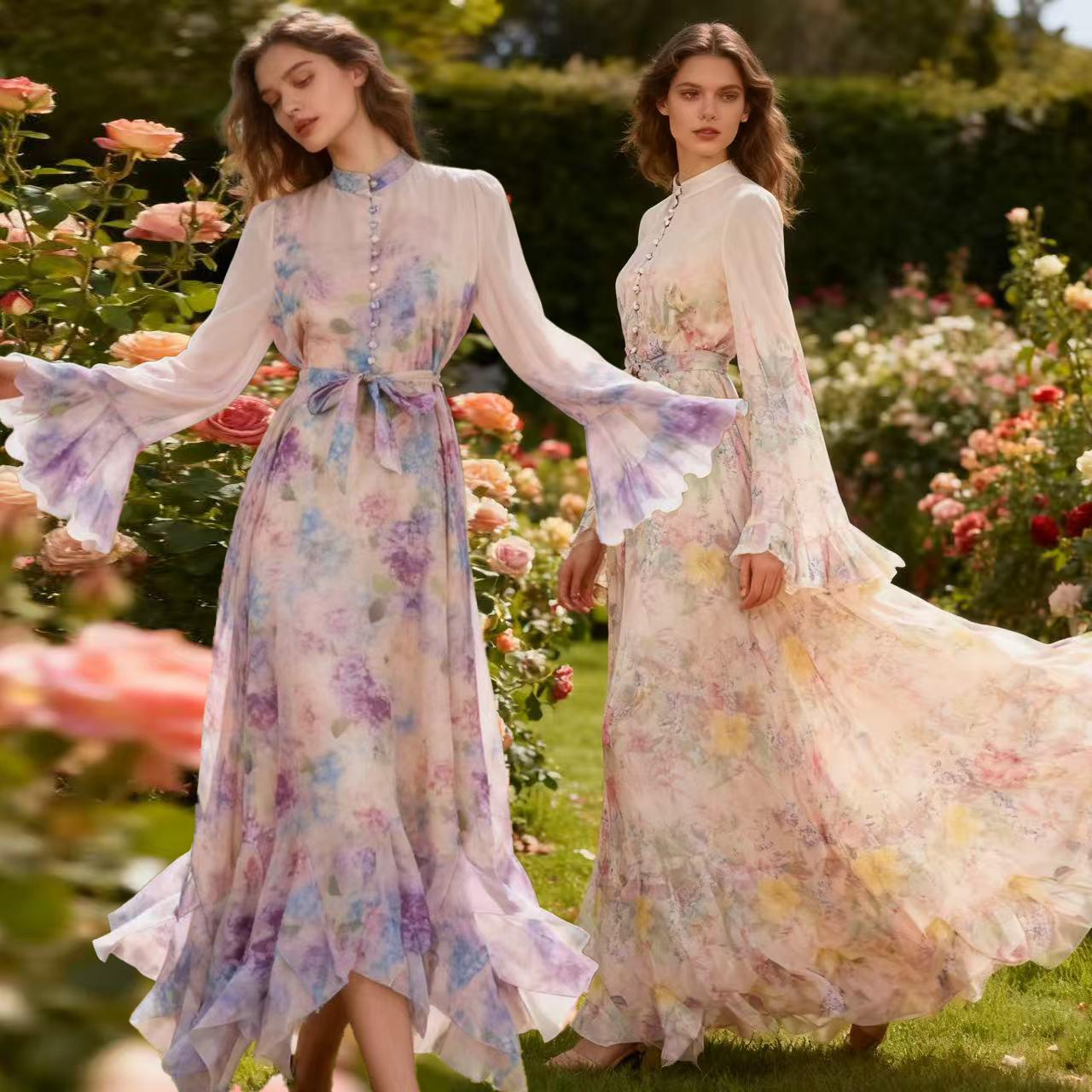 New Australian high-end design with ins print buckle long dress, elegant and super fairy temperament, big swing skirt