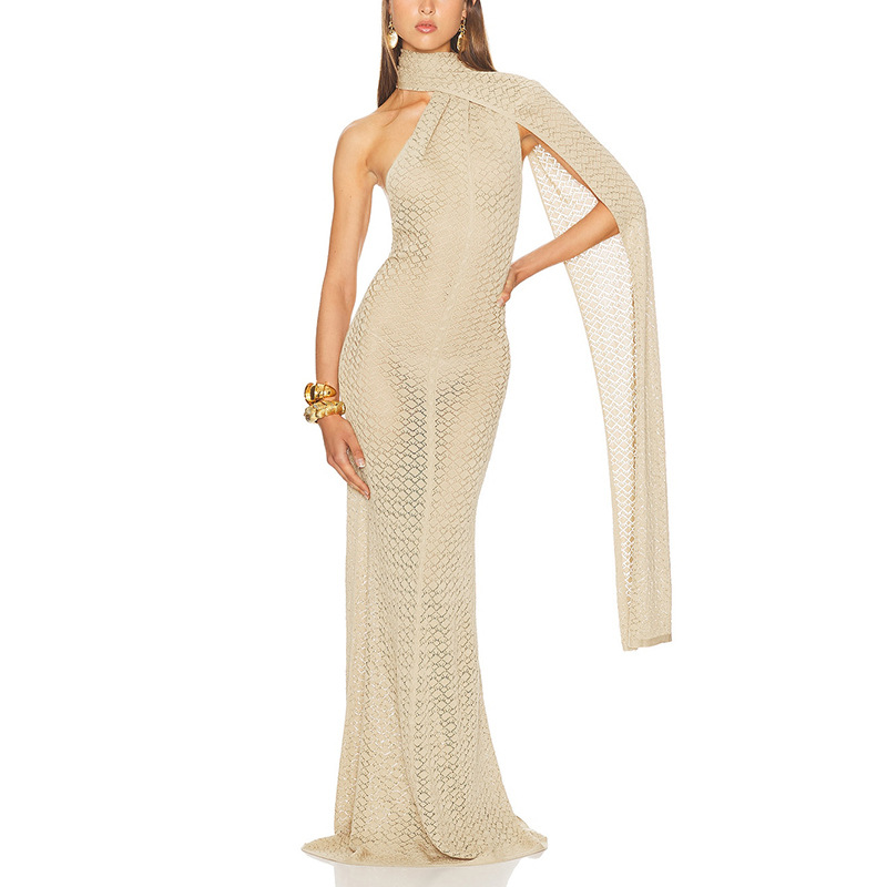 European and American hot girl sexy style dress 2025 new high-end irregular shawl collar hollowed out slim fit long skirt