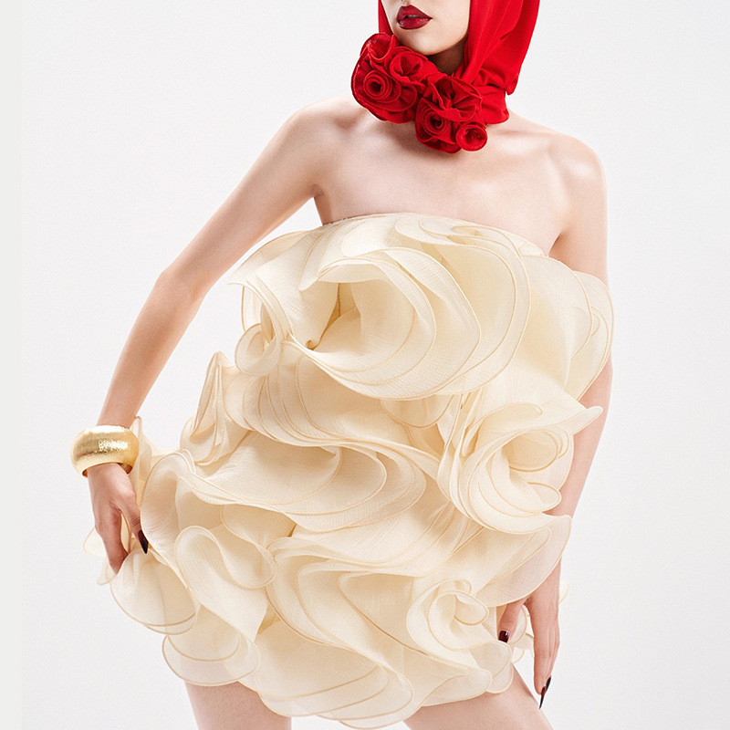 European and American spicy girls' high-end multi-level three-dimensional pleated short skirt 2025 new solid color sleeveless strapless dinner dress