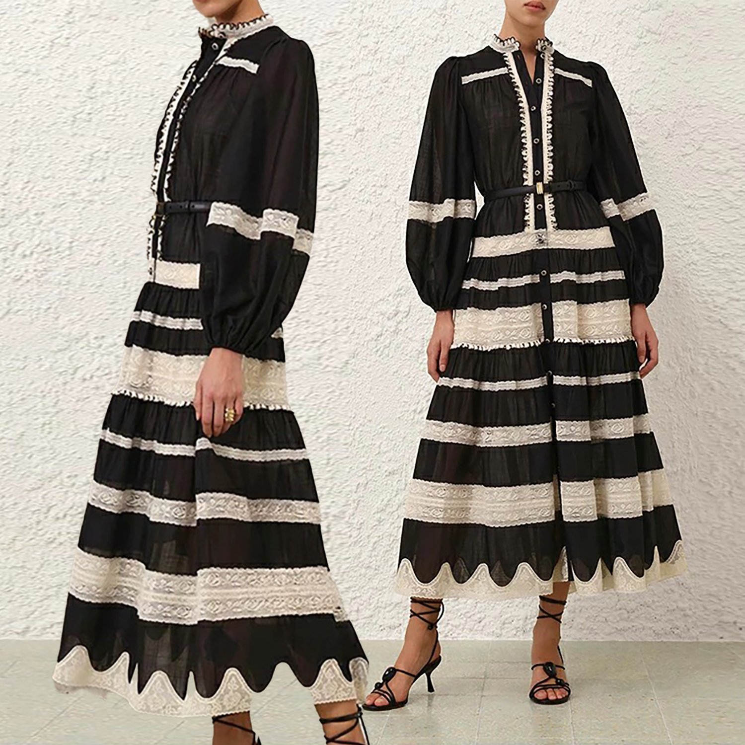 Light luxury high-end Australian 2026 autumn new lace patchwork lantern sleeve striped dress