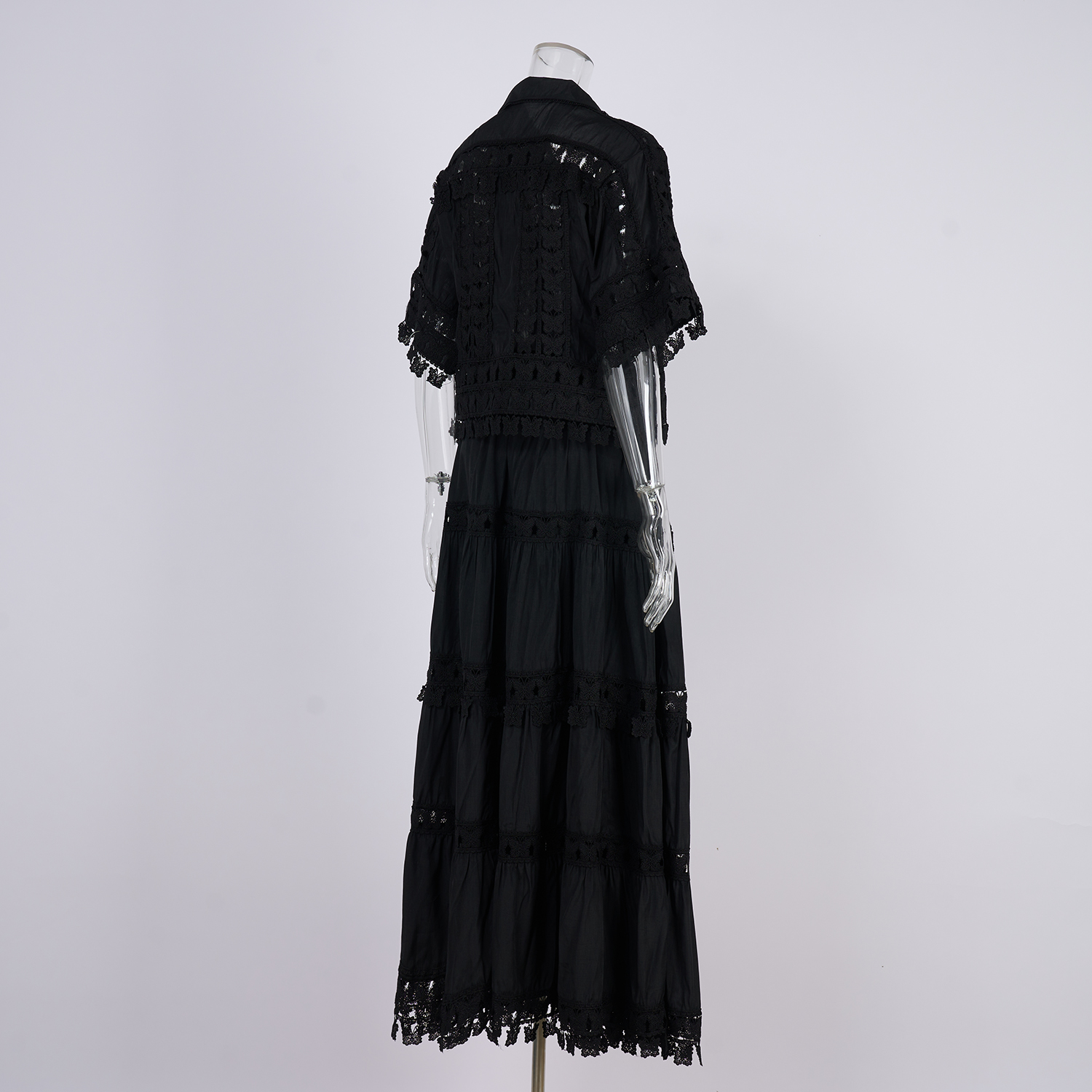 Real shot French retro summer new style lapel embroidered lace long shirt+skirt set for women Real shot French retro summer new style lapel embroidered lace long shirt+skirt set for women