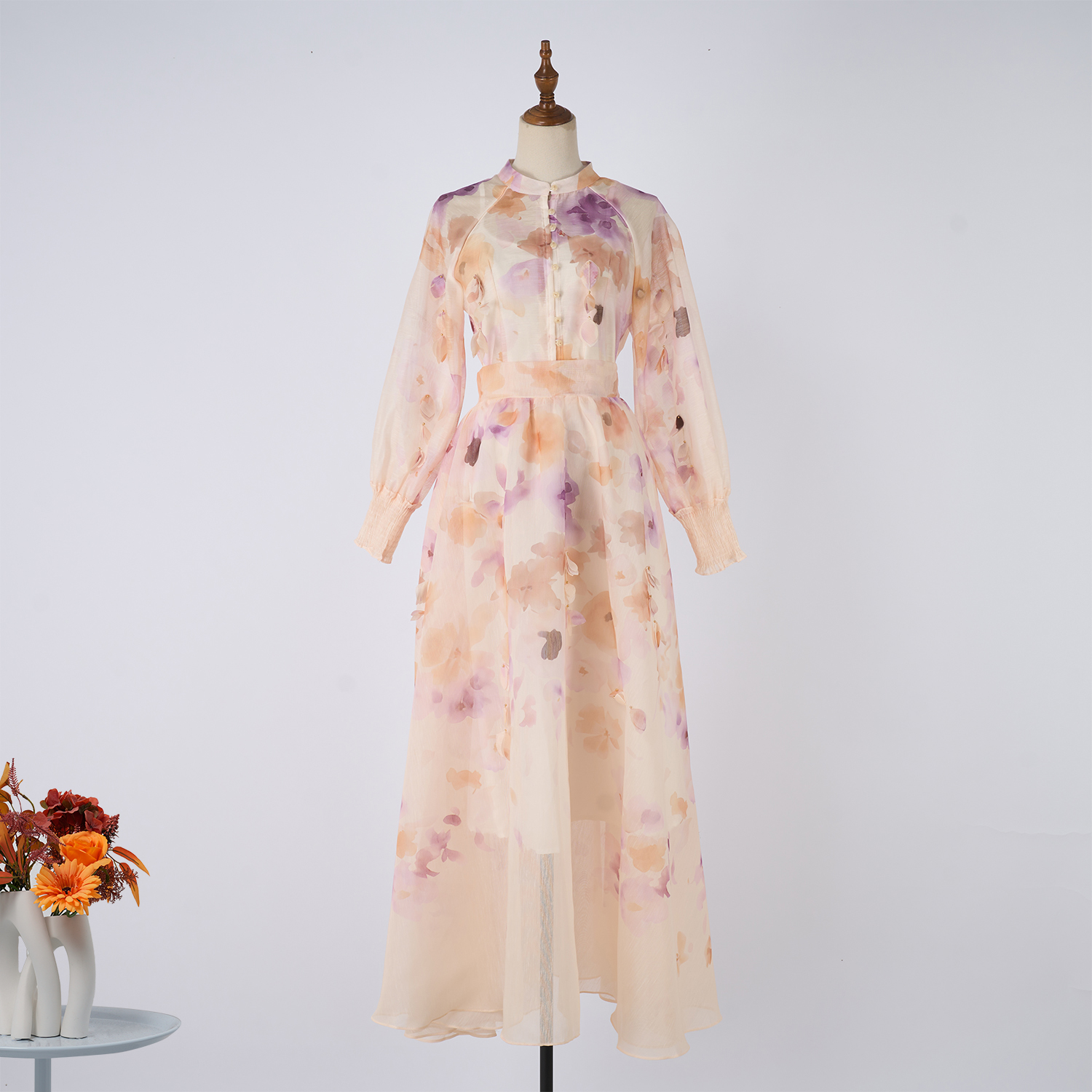 Real shooting new floral print women's shirt+waist cinching slimming A-line skirt set