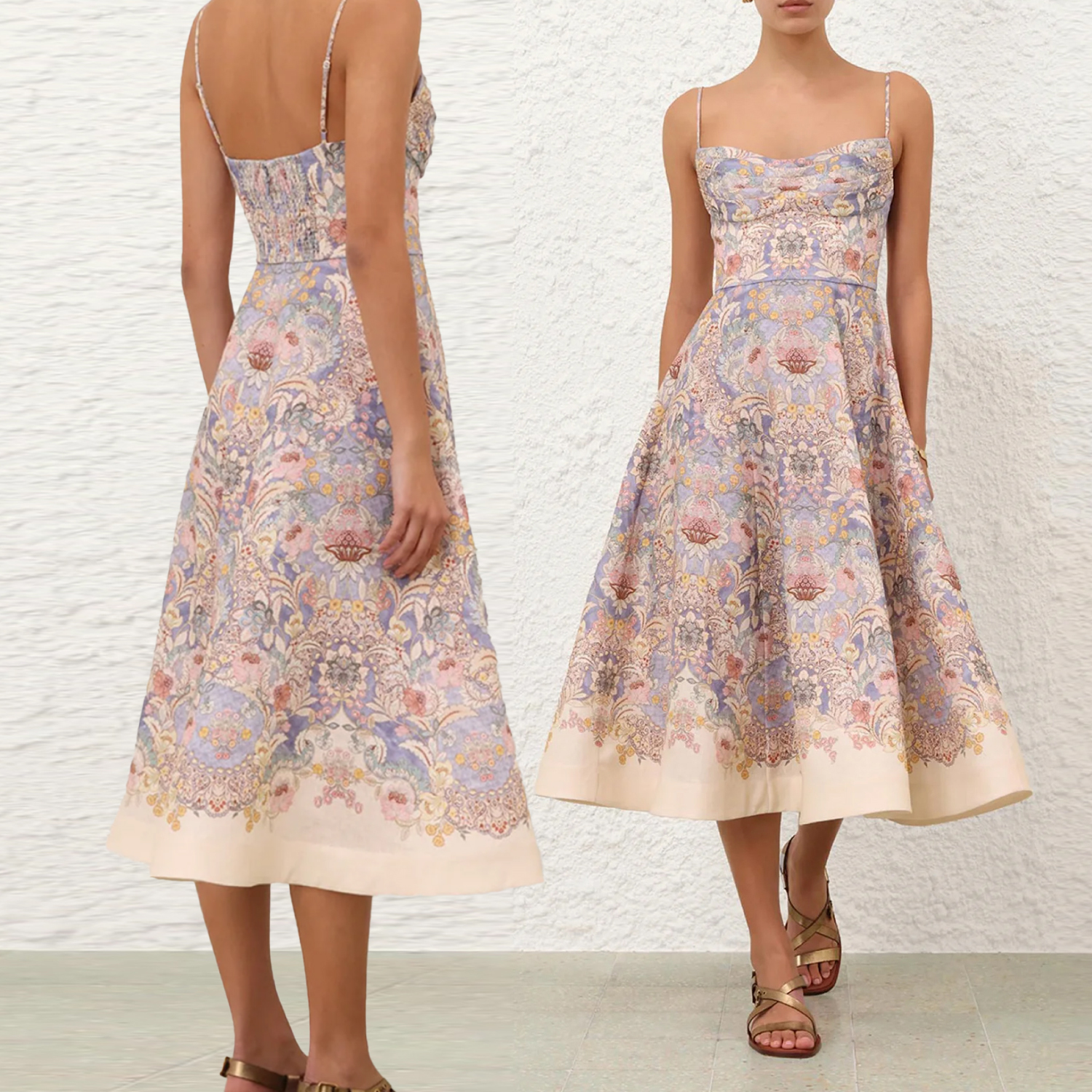 New Australian blue retro printed square neck high waisted pleated camisole jumpsuit dress