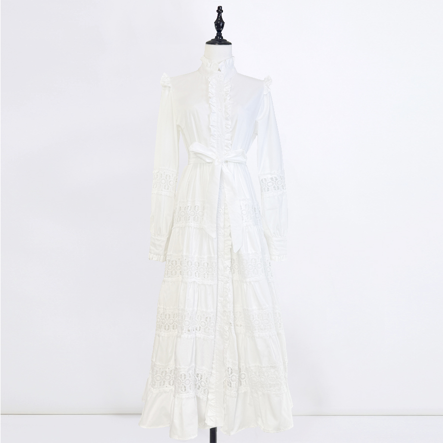 Real time shooting of European and American autumn and winter new style solid color fungus edge single breasted stand up collar mid length dress big swing skirt