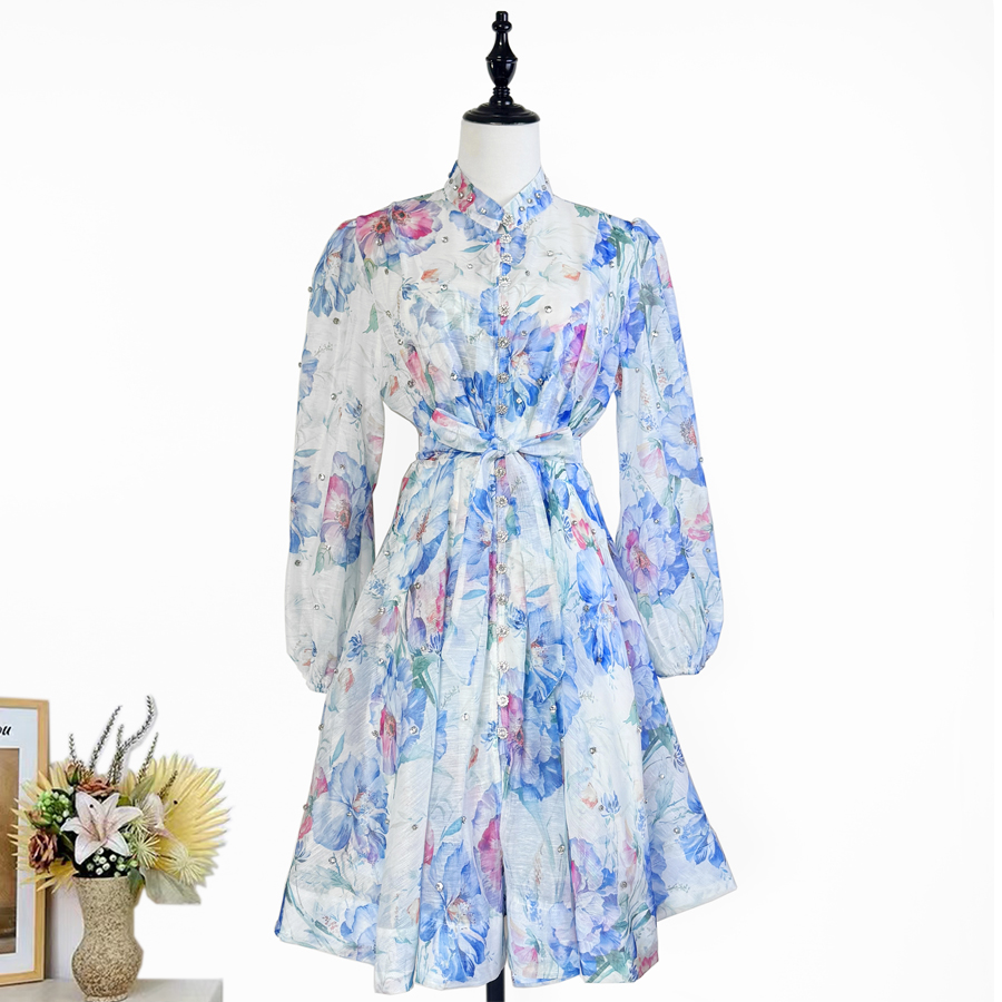 Real shot of 18 color Australian elegant stand up collar single breasted waist slimming short skirt dress with printed suspender