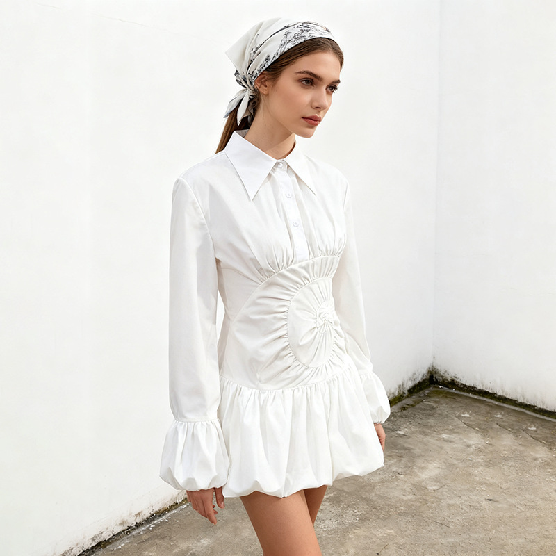 European and American retro style long sleeved shirt dress 2025 new style pleated waist design sense fashionable waist collection solid color dress