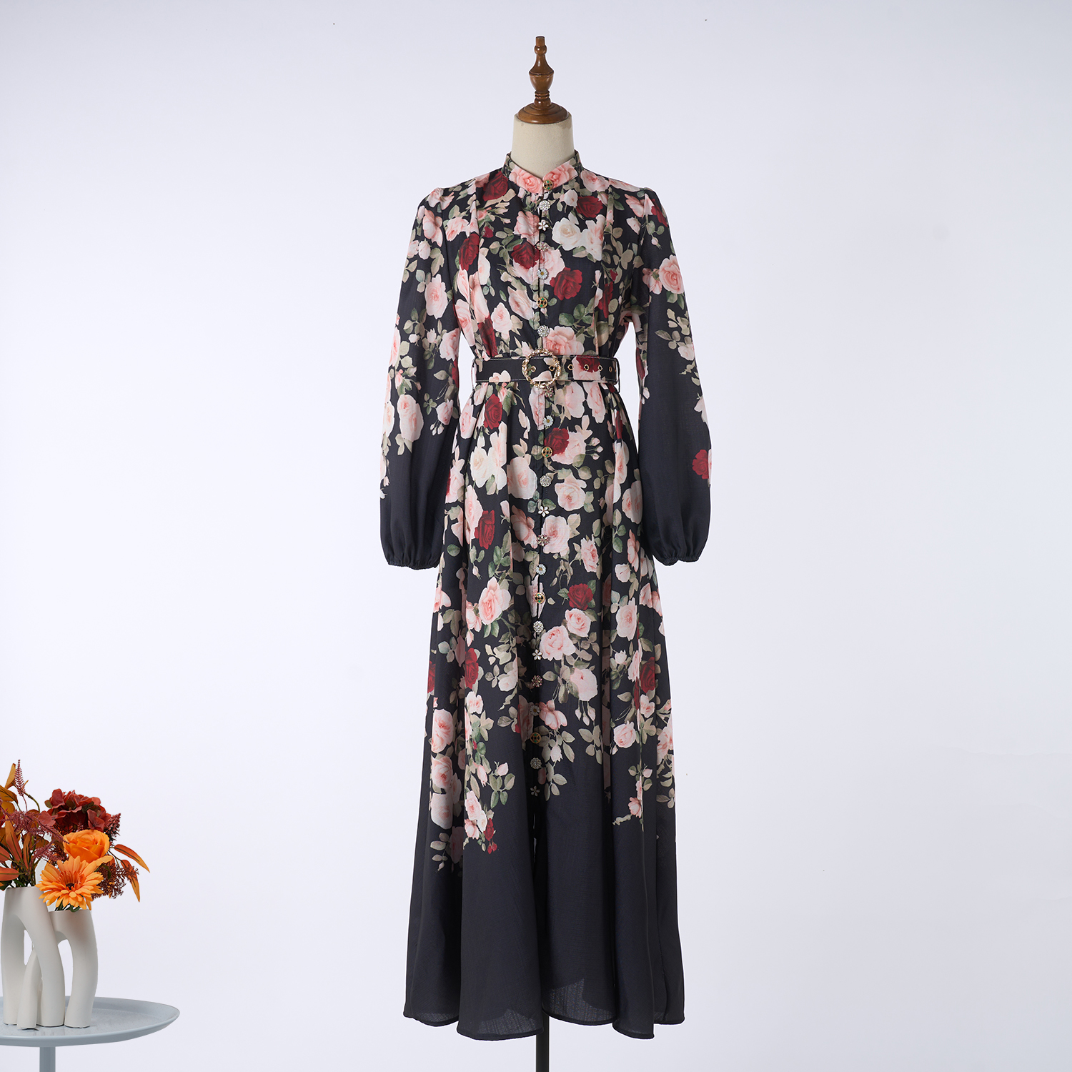 Real time shooting of casual retro printed exquisite single breasted stand up collar A-list dress ultra long skirt+belt in 18 colors