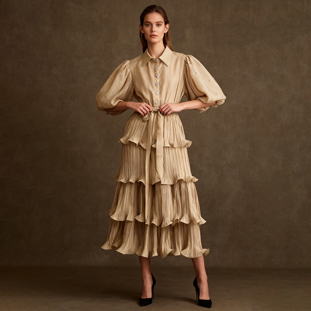 Retro palace style solid color dress 2025 new fashion lapel single breasted bubble sleeve mid length cake skirt