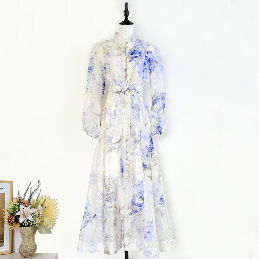 Realistic shooting of retro palace style runway design with hanging flower long sleeved single breasted jumpsuit, long skirt for parties