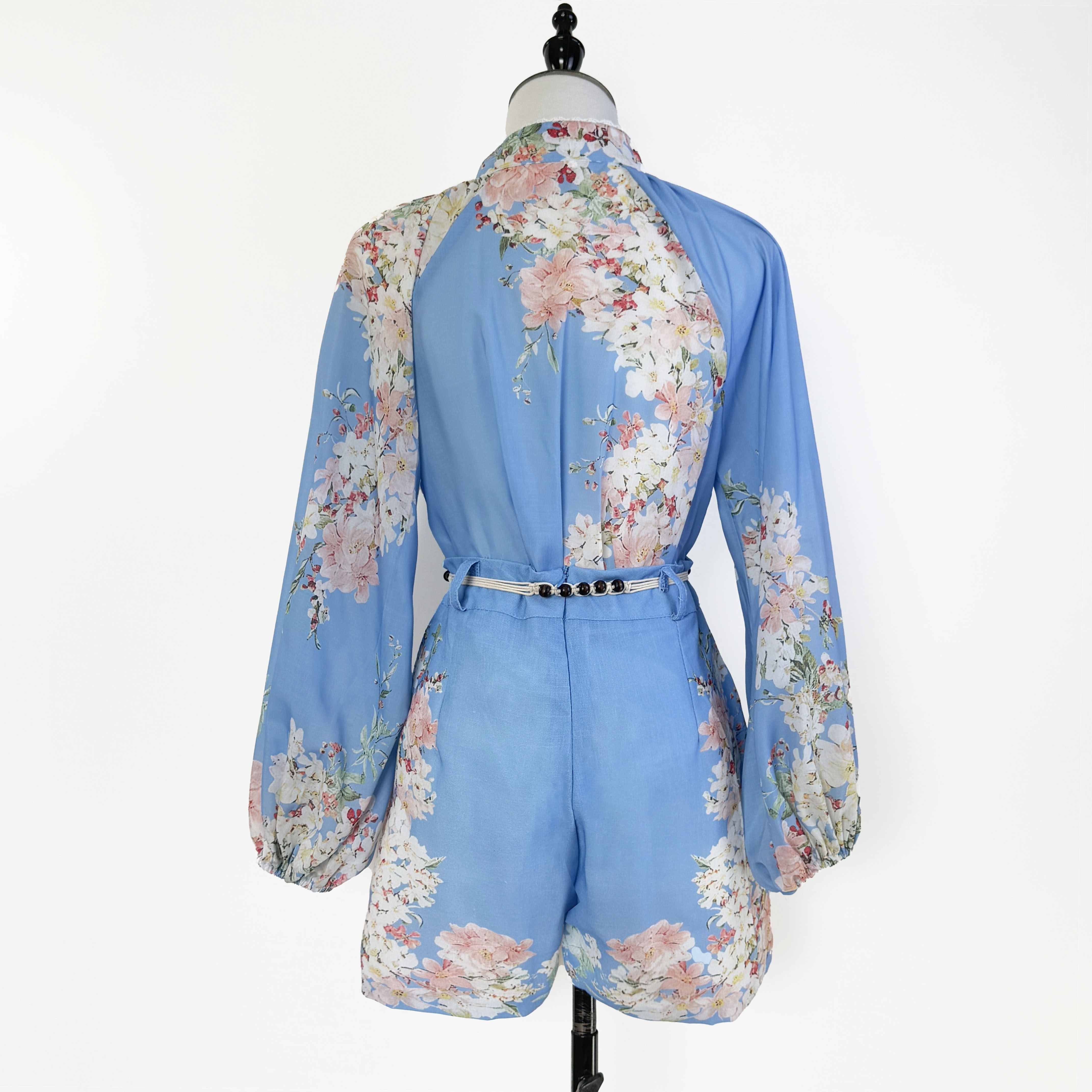 Realistic design blue positioning printed stand up collar patchwork lace shirt+wide leg shorts two-piece set+waist belt Realistic design blue positioning printed stand up collar patchwork lace shirt+wide leg shorts two-piece set+waist belt