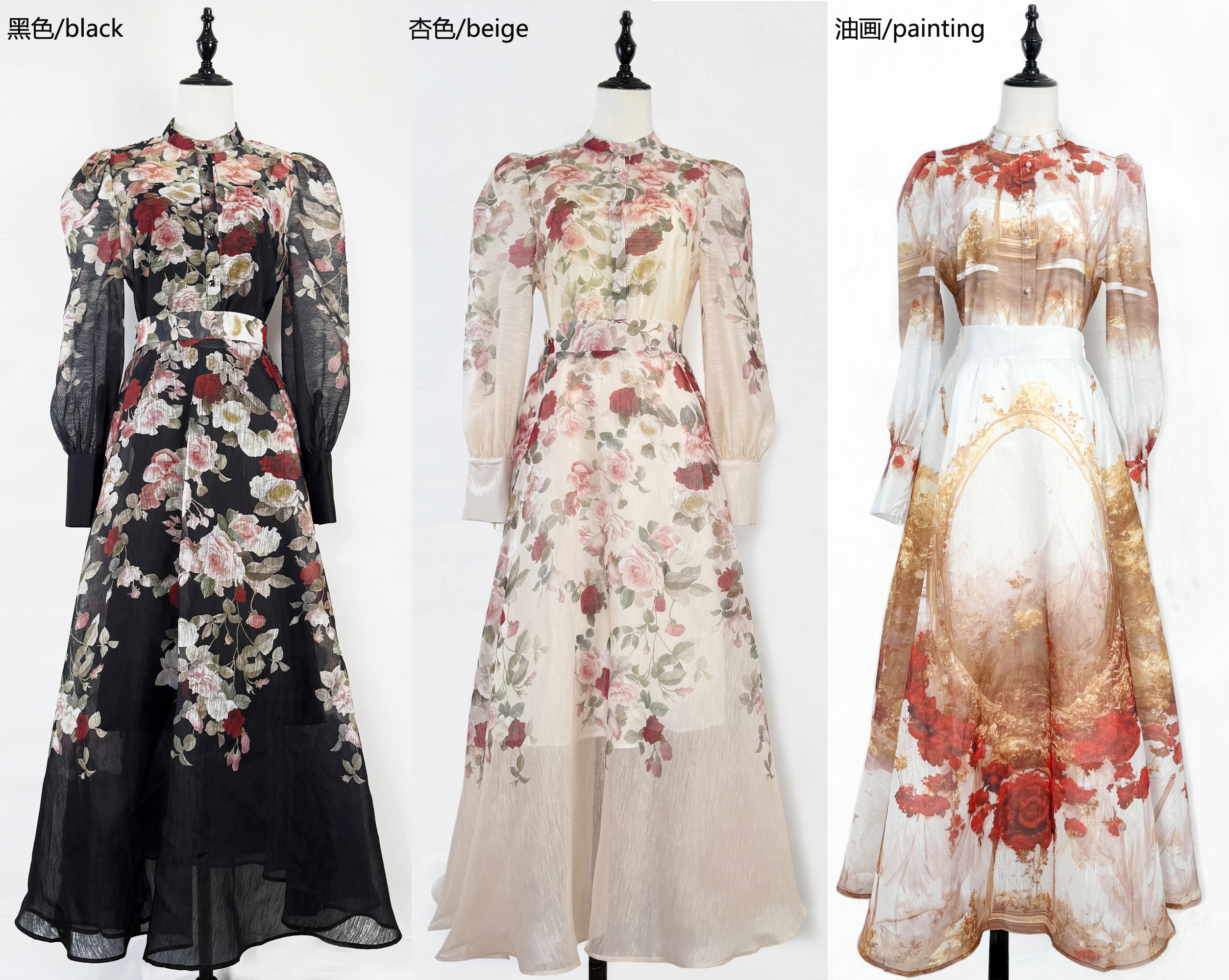 Real shot of Australia's new retro oil painting printed bubble sleeve shirt+semi elastic waist oversized skirt set skirt length Real shot of Australia's new retro oil painting printed bubble sleeve shirt+semi elastic waist oversized skirt set skirt length