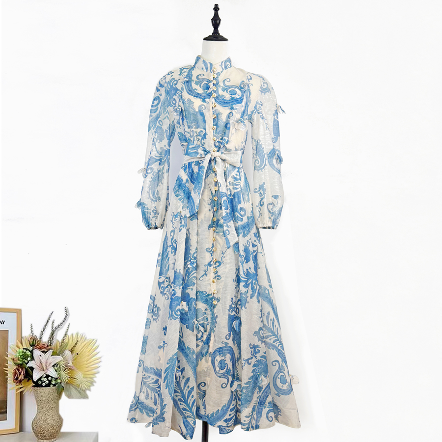 Real shot Australian printed flower pendant patterned button long sleeved long sleeved dress with a large skirt, party skirt