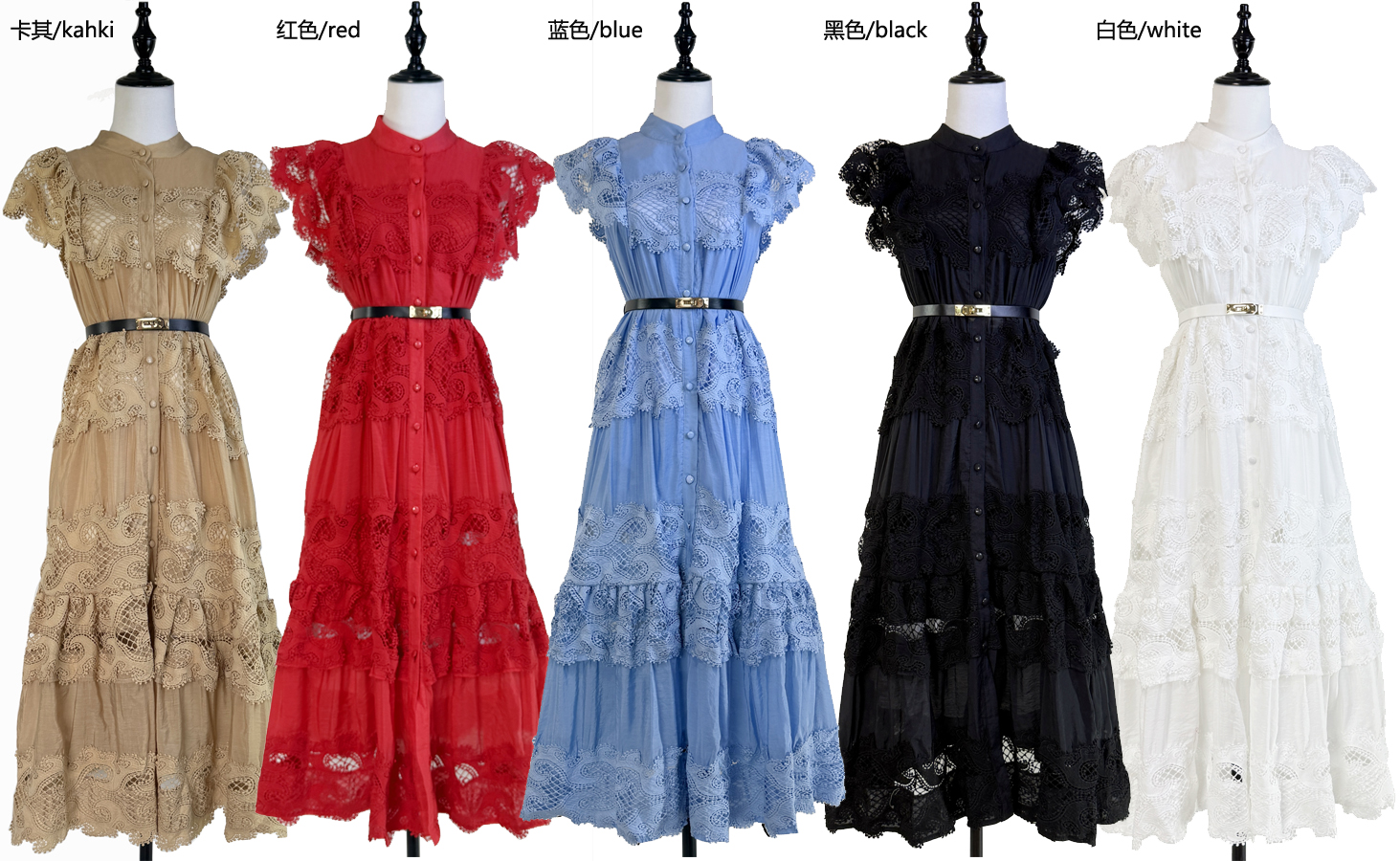 Real shot of European and American fashion heavy industry embroidery lace lace stitching flying sleeves mid length dress+belt Real shot of European and American fashion heavy industry embroidery lace lace stitching flying sleeves mid length dress+belt