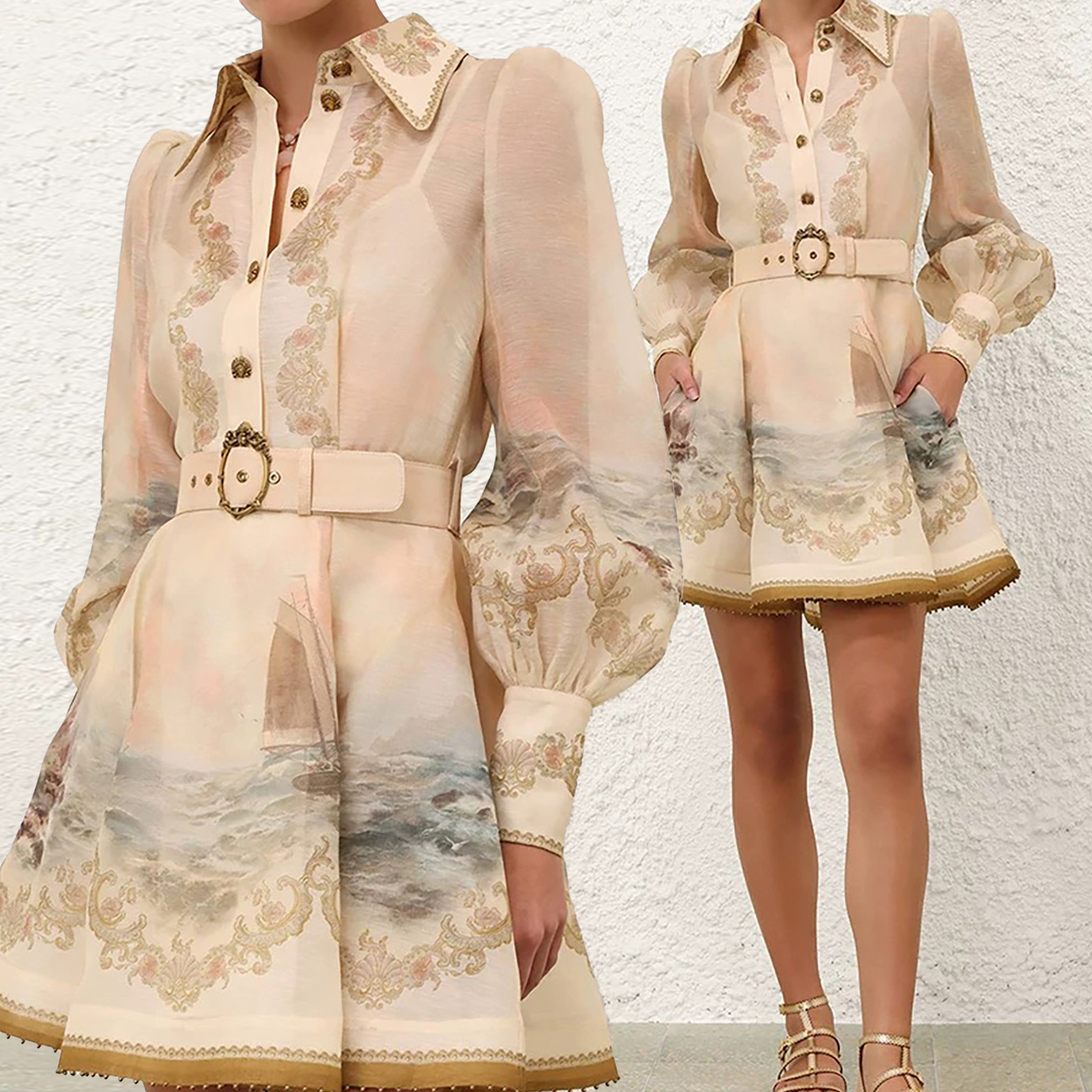 New 2026 vacation ready to wear silk linen ocean pattern mini dress