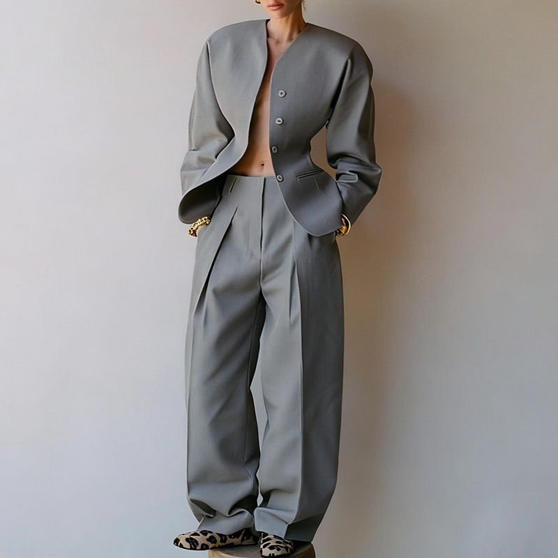 Temperament commuting style suit two-piece set for women 2025 new high-end style solid color loose fit jacket+hanging pants