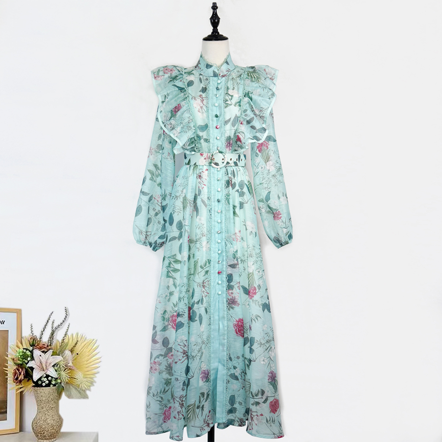 Real shot of European, American, British style lotus leaf edge lace border lantern sleeve print long swing dress+waistband for women