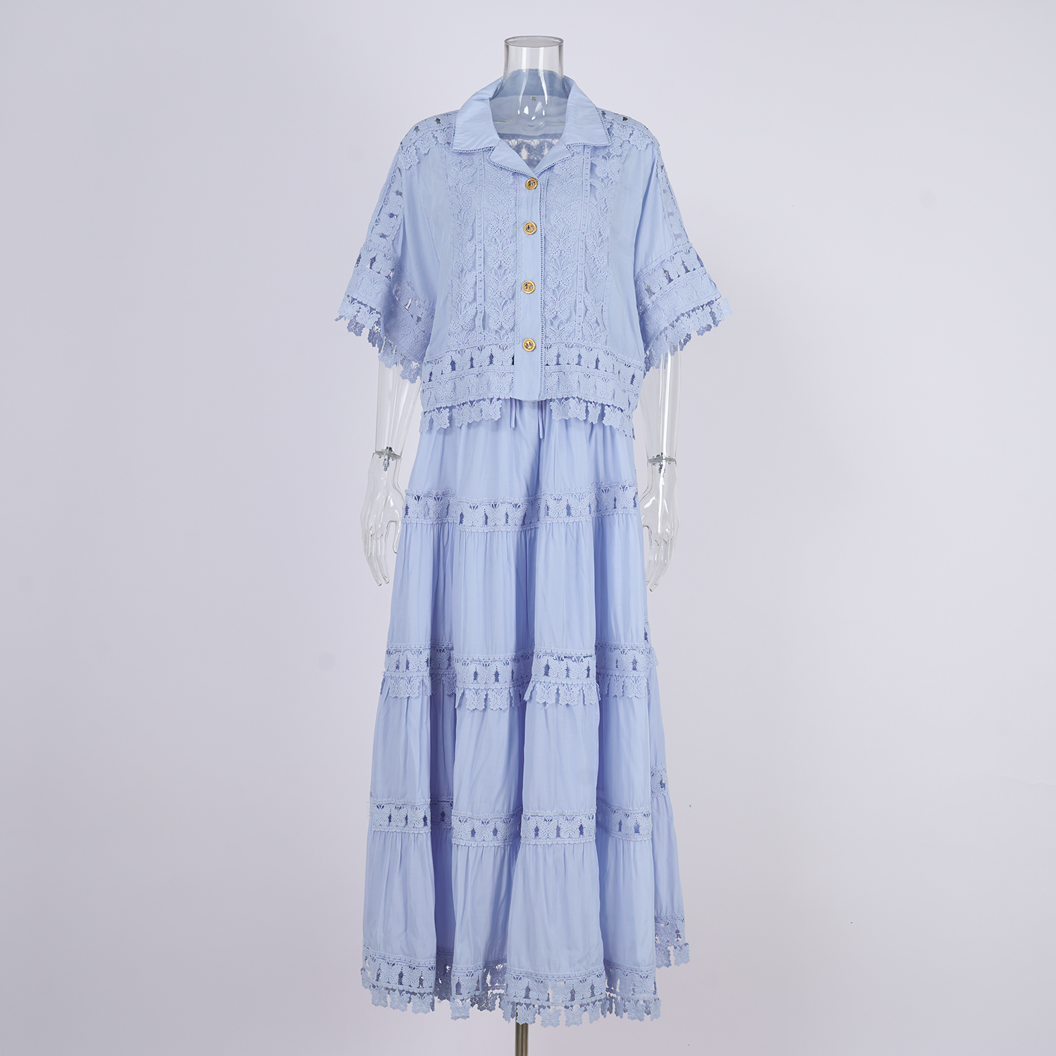 Real shot French retro summer new style lapel embroidered lace long shirt+skirt set for women Real shot French retro summer new style lapel embroidered lace long shirt+skirt set for women