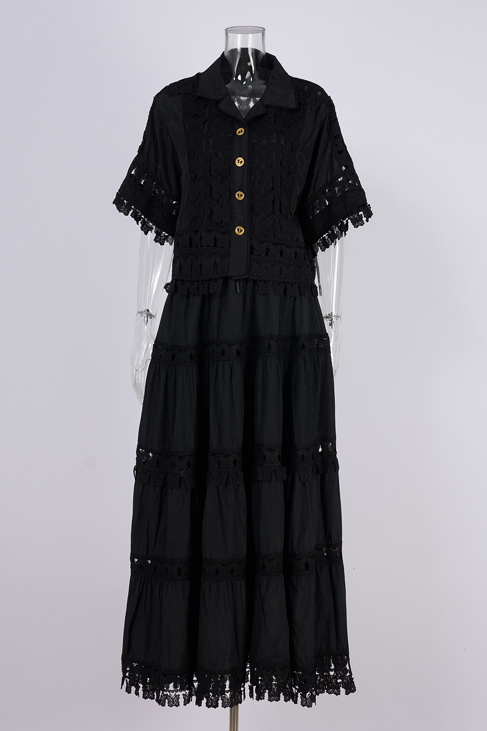 Real shot French retro summer new style lapel embroidered lace long shirt+skirt set for women Real shot French retro summer new style lapel embroidered lace long shirt+skirt set for women