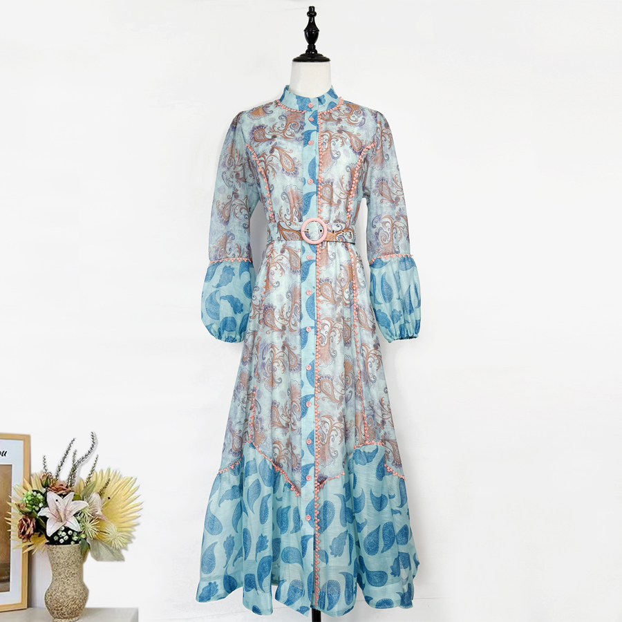 Real shot Australian retro cashew flower contrasting fashion single breasted lace patchwork stand up collar lantern sleeve dress medium length Real shot Australian retro cashew flower contrasting fashion single breasted lace patchwork stand up collar lantern sleeve dress medium length